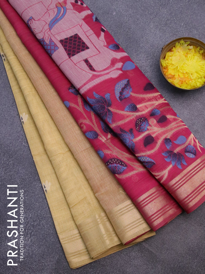 Munga cotton saree yellow and magenta pink with thread & zari woven buttas and zari woven border