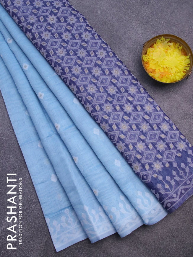 Munga cotton saree light blue and dark blue with thread & zari woven buttas and thread woven border