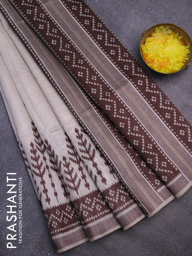 Munga cotton saree beige and coffee brown with thread woven buttas in borderless style