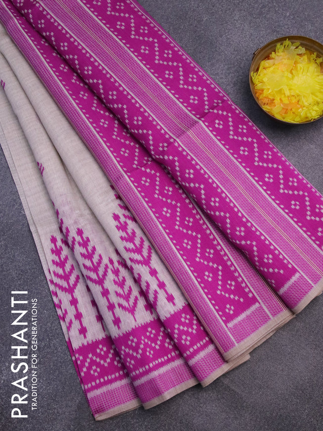 Munga cotton saree beige and magenta pink with thread woven buttas in borderless style