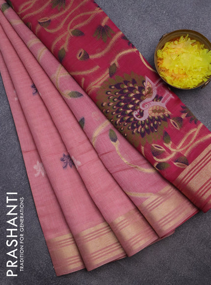 Munga cotton saree pastel pink and pink with thread & zari woven buttas and zari woven border