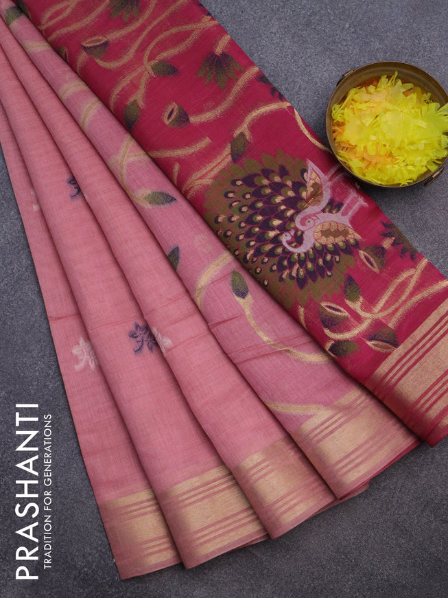 Munga cotton saree pastel pink and pink with thread & zari woven buttas and zari woven border