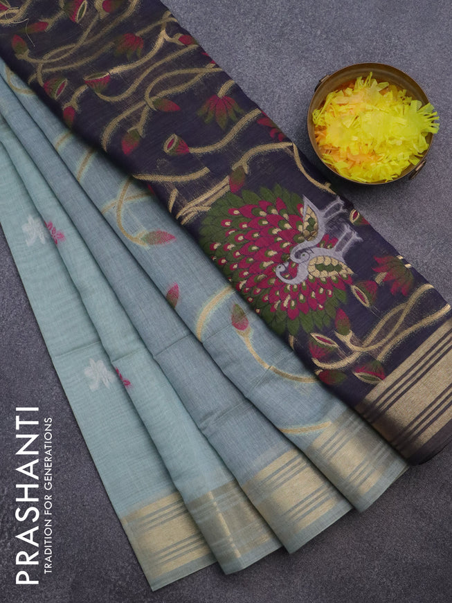 Munga cotton saree pastel green shade and navy blue with thread & zari woven buttas and zari woven border