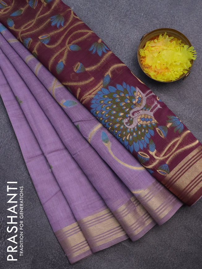 Munga cotton saree lavender shade and wine shade with thread & zari woven buttas and zari woven border