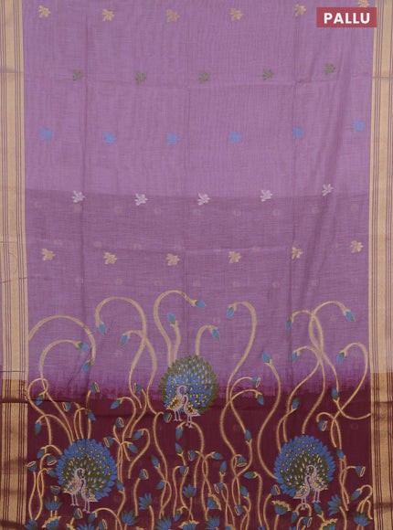 Munga cotton saree lavender shade and wine shade with thread & zari woven buttas and zari woven border