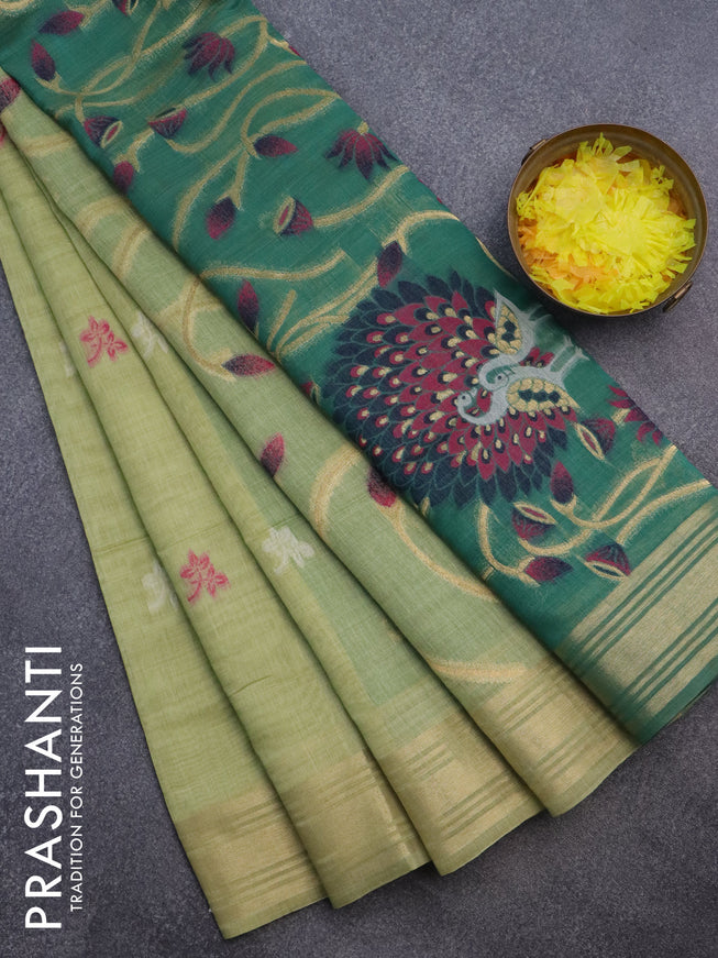 Munga cotton saree pista green and green with thread & zari woven buttas and zari woven border