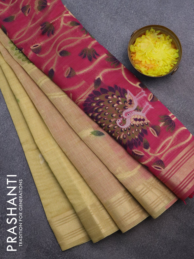 Munga cotton saree yellow and magenta pink with thread & zari woven buttas and zari woven border