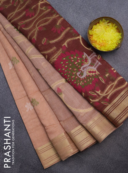 Munga cotton saree pastel peach shade and brown with thread & zari woven buttas and zari woven border