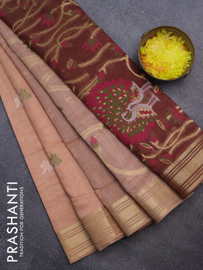 Munga cotton saree pastel peach shade and brown with thread & zari woven buttas and zari woven border