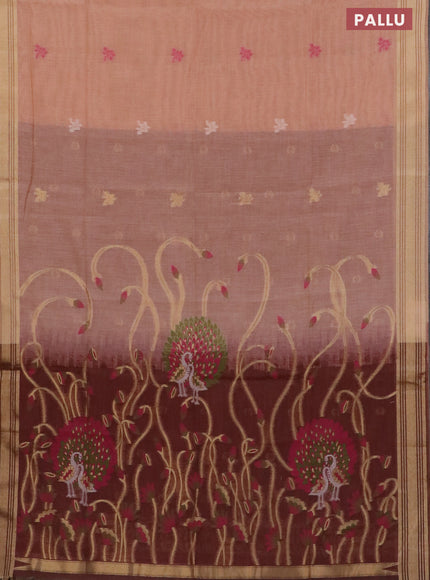 Munga cotton saree pastel peach shade and brown with thread & zari woven buttas and zari woven border