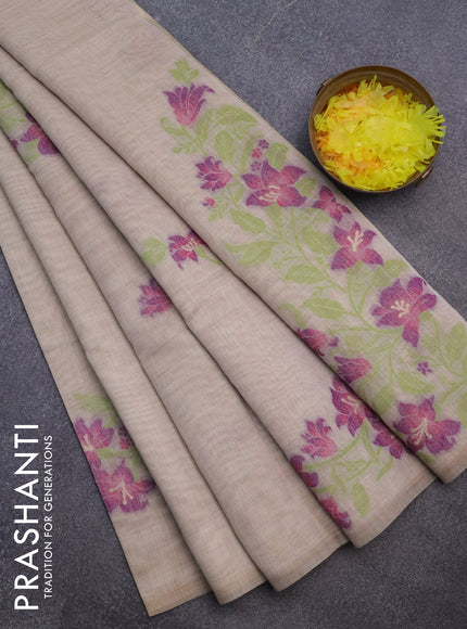 Munga cotton saree beige and purple with thread woven floral buttas in borderless style