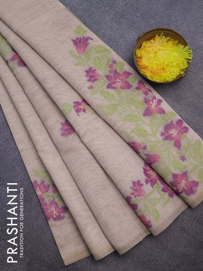 Munga cotton saree beige and purple with thread woven floral buttas in borderless style