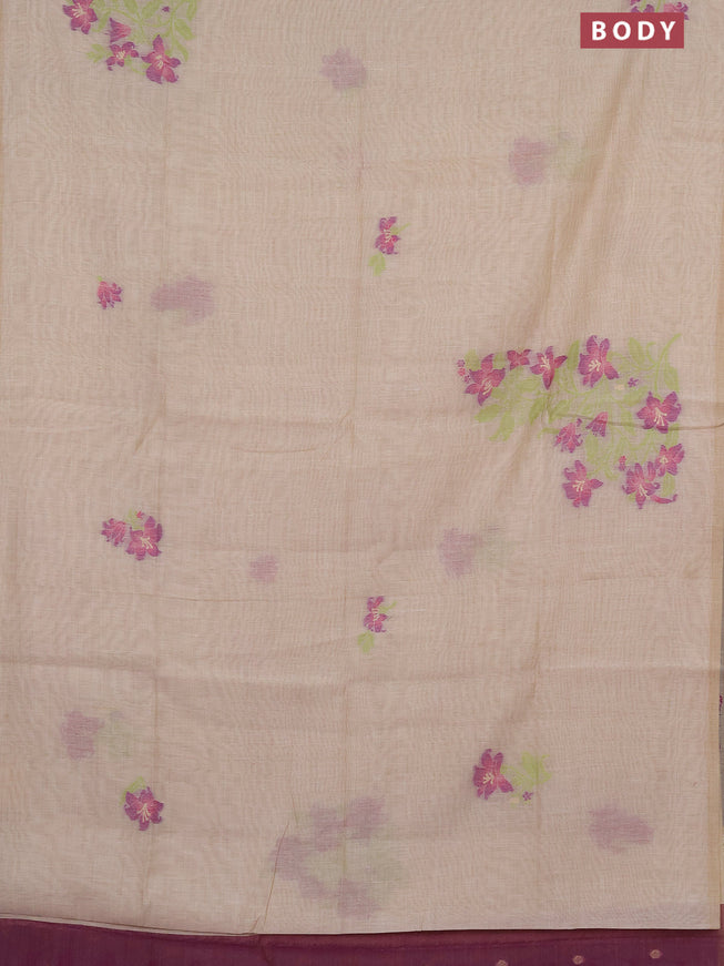 Munga cotton saree beige and purple with thread woven floral buttas in borderless style