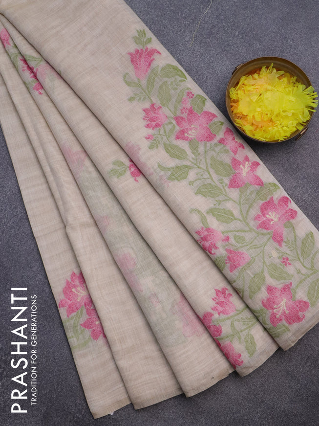 Munga cotton saree beige light green and pink with thread woven floral buttas in borderless style