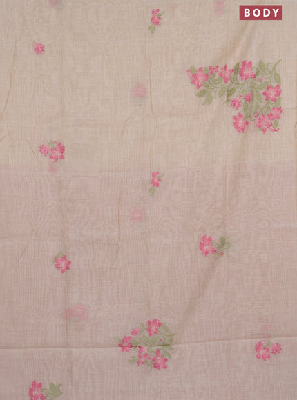 Munga cotton saree beige light green and pink with thread woven floral buttas in borderless style