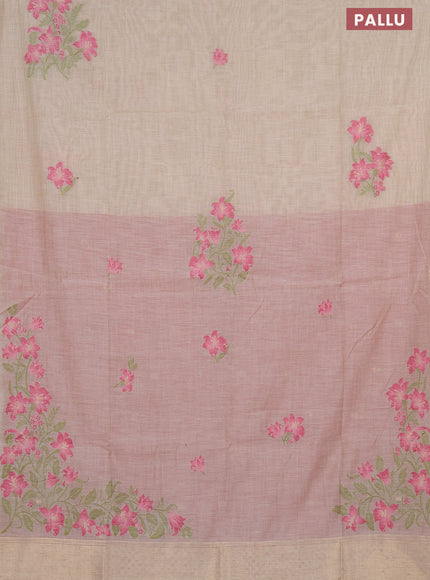 Munga cotton saree beige light green and pink with thread woven floral buttas in borderless style