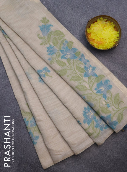 Munga cotton saree beige and teal shade with thread woven floral buttas in borderless style