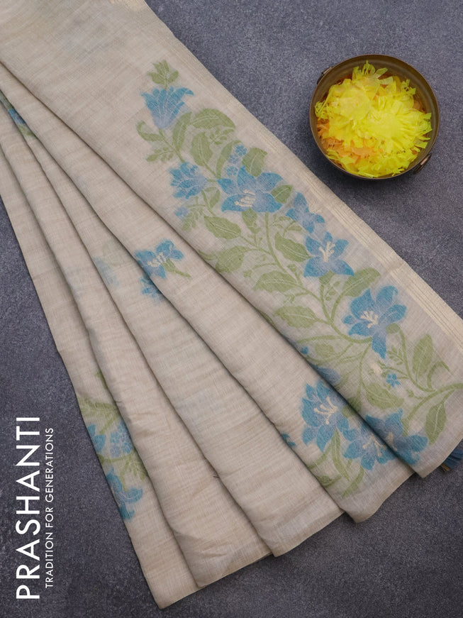 Munga cotton saree beige and teal shade with thread woven floral buttas in borderless style