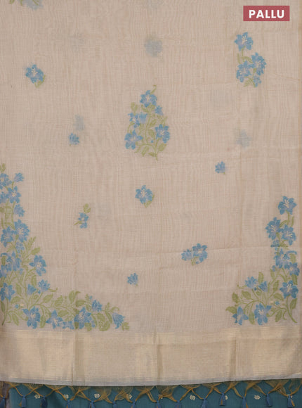 Munga cotton saree beige and teal shade with thread woven floral buttas in borderless style