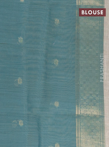 Munga cotton saree beige and teal shade with thread woven floral buttas in borderless style