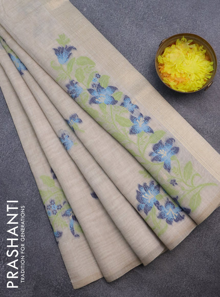 Munga cotton saree beige light green and dark blue with thread woven floral buttas in borderless style