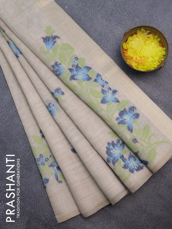 Munga cotton saree beige light green and dark blue with thread woven floral buttas in borderless style