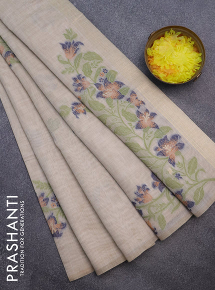 Munga cotton saree beige rust shade and dark blue with thread woven floral buttas in borderless style