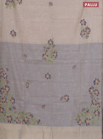 Munga cotton saree beige rust shade and dark blue with thread woven floral buttas in borderless style