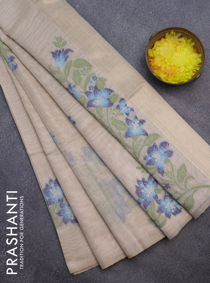 Munga cotton saree beige light blue and dark blue with thread woven floral buttas in borderless style