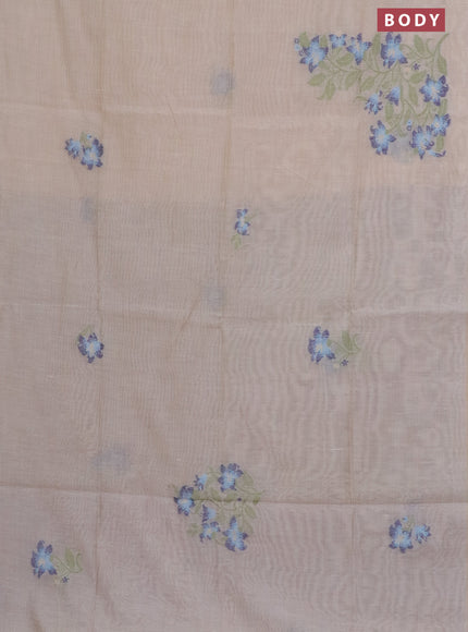 Munga cotton saree beige light blue and dark blue with thread woven floral buttas in borderless style