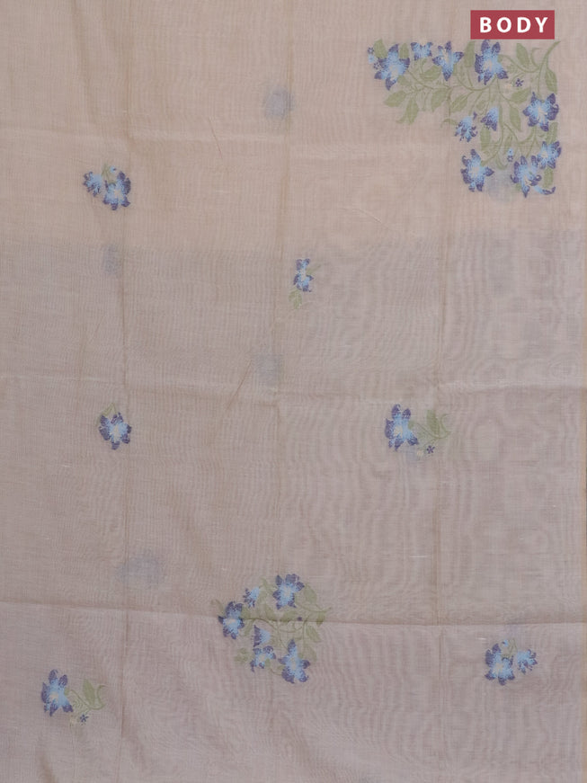 Munga cotton saree beige light blue and dark blue with thread woven floral buttas in borderless style