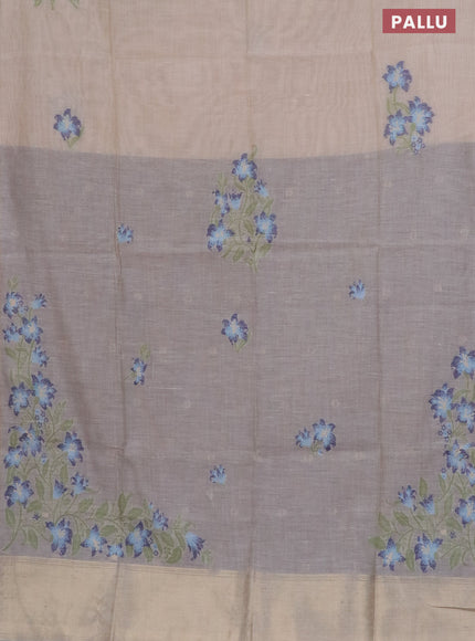 Munga cotton saree beige light blue and dark blue with thread woven floral buttas in borderless style