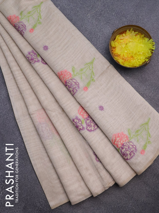 Munga cotton saree beige purple and light green with thread & zari woven floral buttas in borderless style