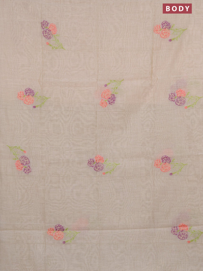 Munga cotton saree beige purple and light green with thread & zari woven floral buttas in borderless style