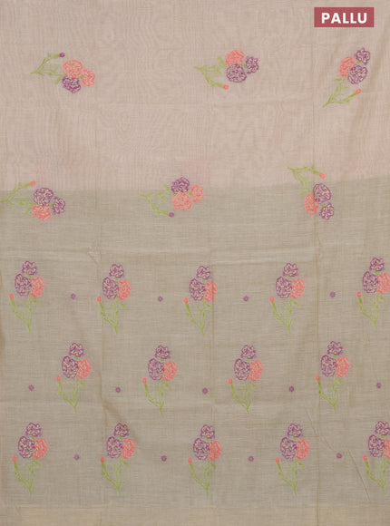 Munga cotton saree beige purple and light green with thread & zari woven floral buttas in borderless style