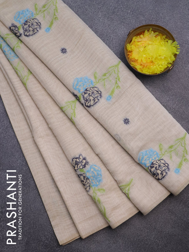 Munga cotton saree beige blue and light green with thread & zari woven floral buttas in borderless style