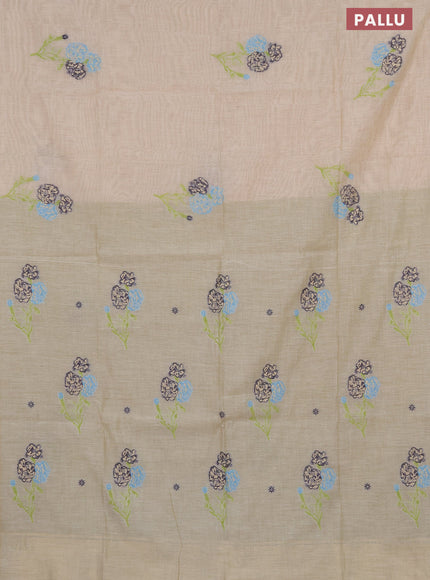 Munga cotton saree beige blue and light green with thread & zari woven floral buttas in borderless style