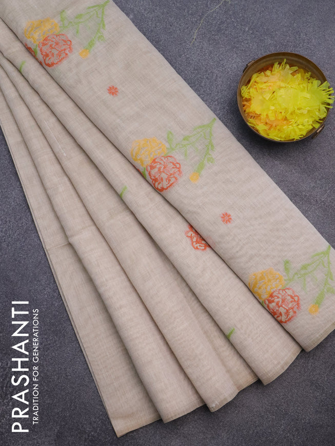 Munga cotton saree beige orange and light green with thread & zari woven floral buttas in borderless style