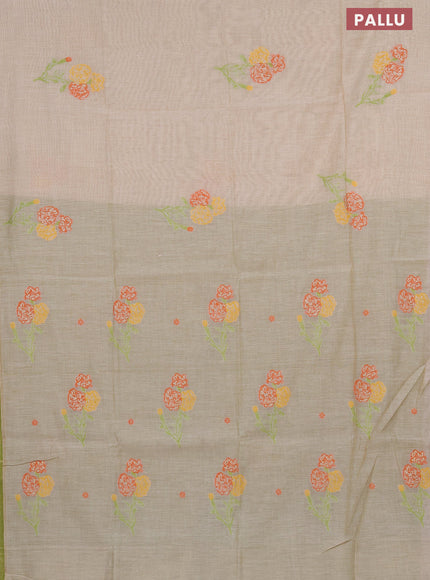 Munga cotton saree beige orange and light green with thread & zari woven floral buttas in borderless style