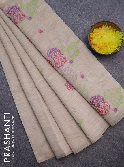 Munga cotton saree beige pink and light green with thread & zari woven floral buttas in borderless style