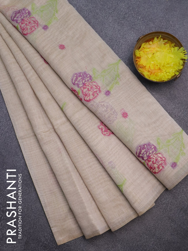 Munga cotton saree beige pink and light green with thread & zari woven floral buttas in borderless style