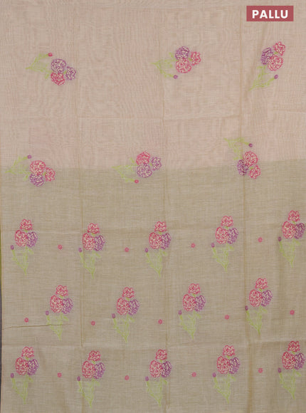 Munga cotton saree beige pink and light green with thread & zari woven floral buttas in borderless style