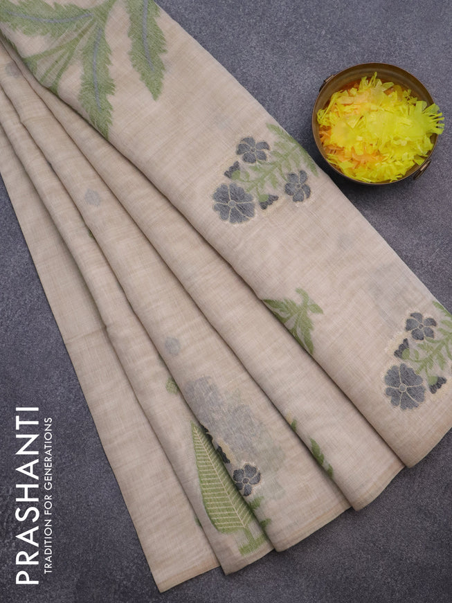 Munga cotton saree beige and black with thread woven buttas and thread woven butta border