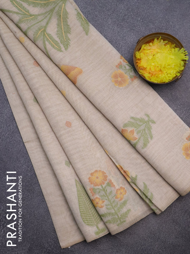 Munga cotton saree beige and mustard yellow with thread woven buttas and thread woven butta border