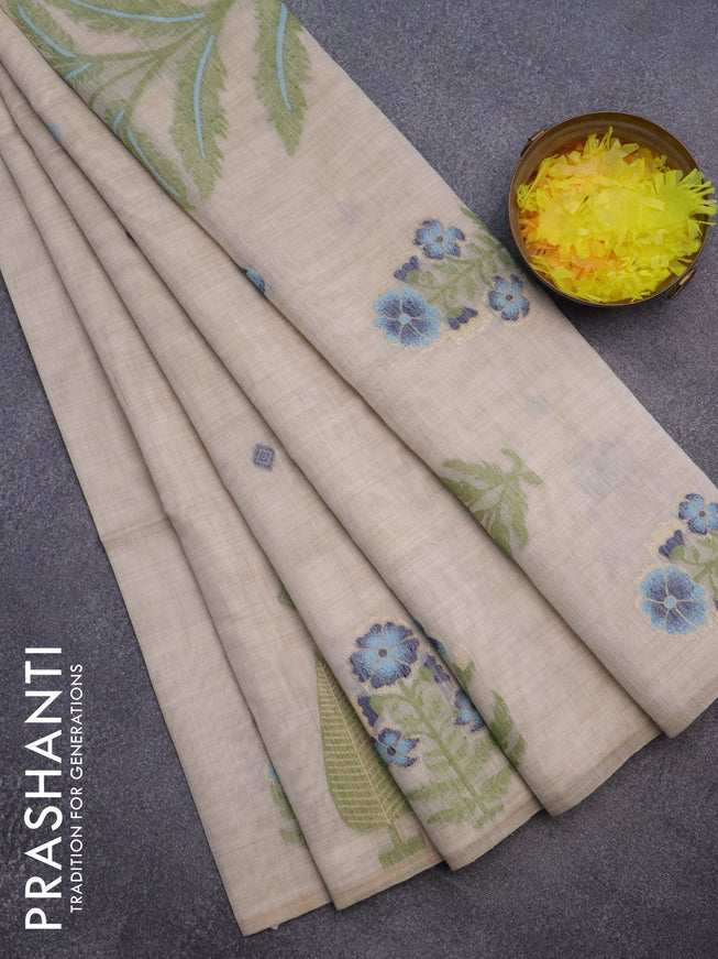 Munga cotton saree beige and light blue with thread woven buttas and thread woven butta border