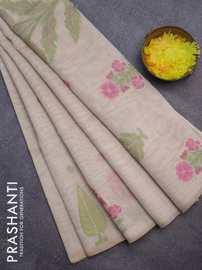 Munga cotton saree beige and pink with thread woven buttas and thread woven butta border