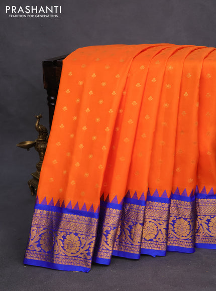 Pure gadwal silk saree orange and blue with zari woven buttas and temple design zari woven border