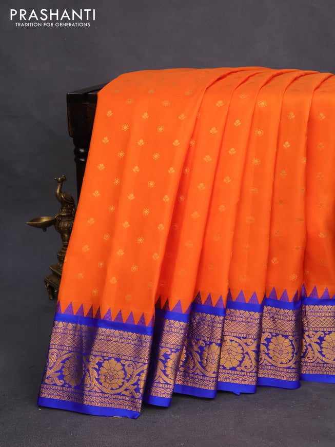 Pure gadwal silk saree orange and blue with zari woven buttas and temple design zari woven border