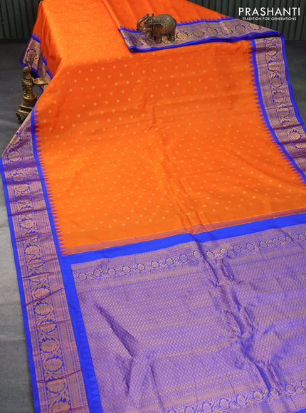 Pure gadwal silk saree orange and blue with zari woven buttas and temple design zari woven border