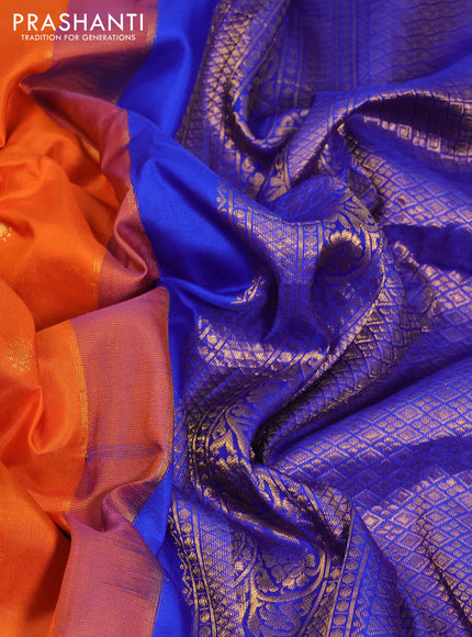 Pure gadwal silk saree orange and blue with zari woven buttas and temple design zari woven border